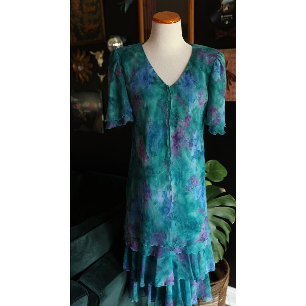 Vintage Cattiva Ruffle Layered Multicolor Maxi Dress Flutter Sleeve Size 8
